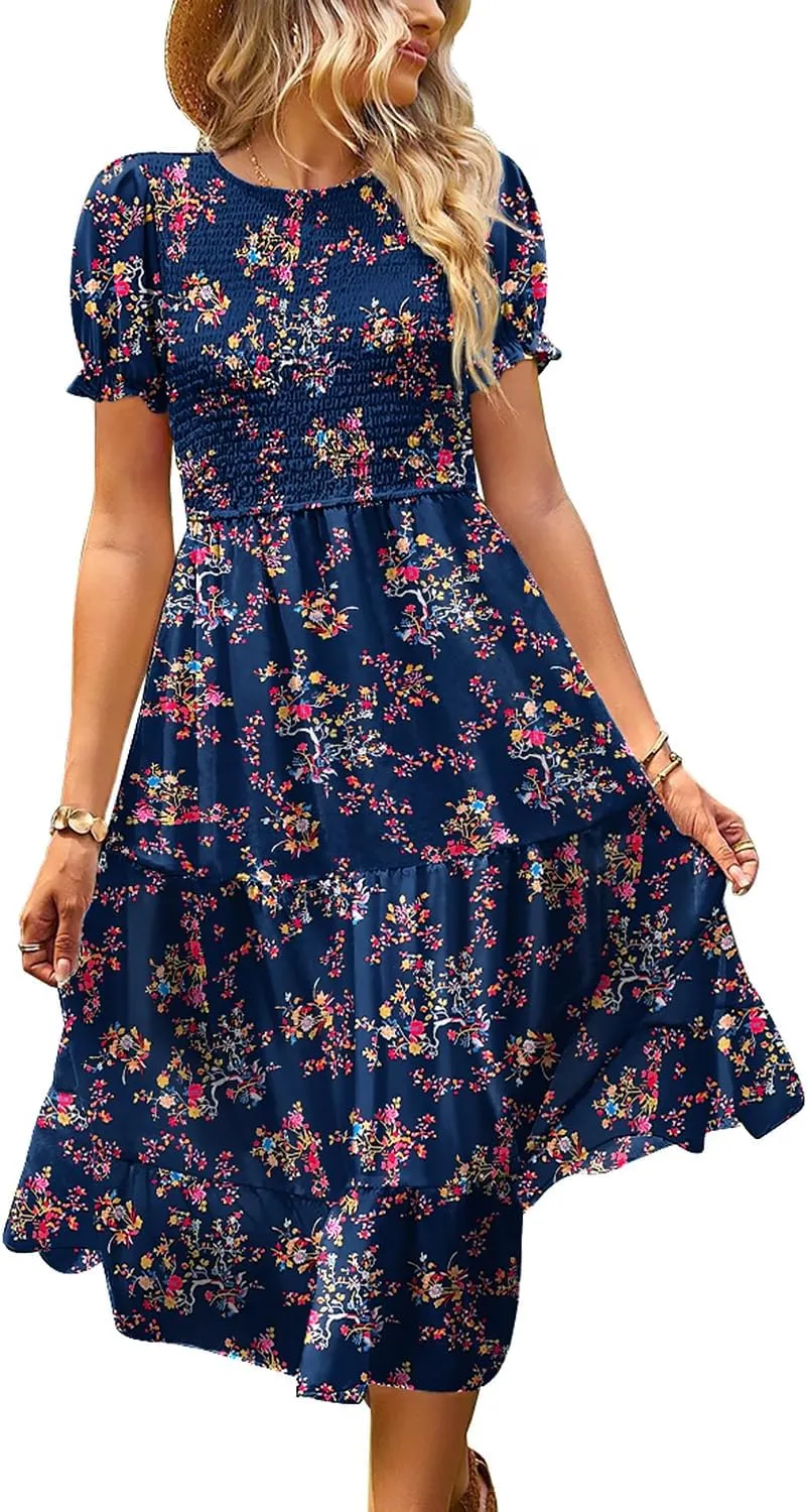 YESNO Women's Summer Causal Puff Short Sleeve Smocked Dress Elastic Waist Tiered Midi Dress with Pockets EP2