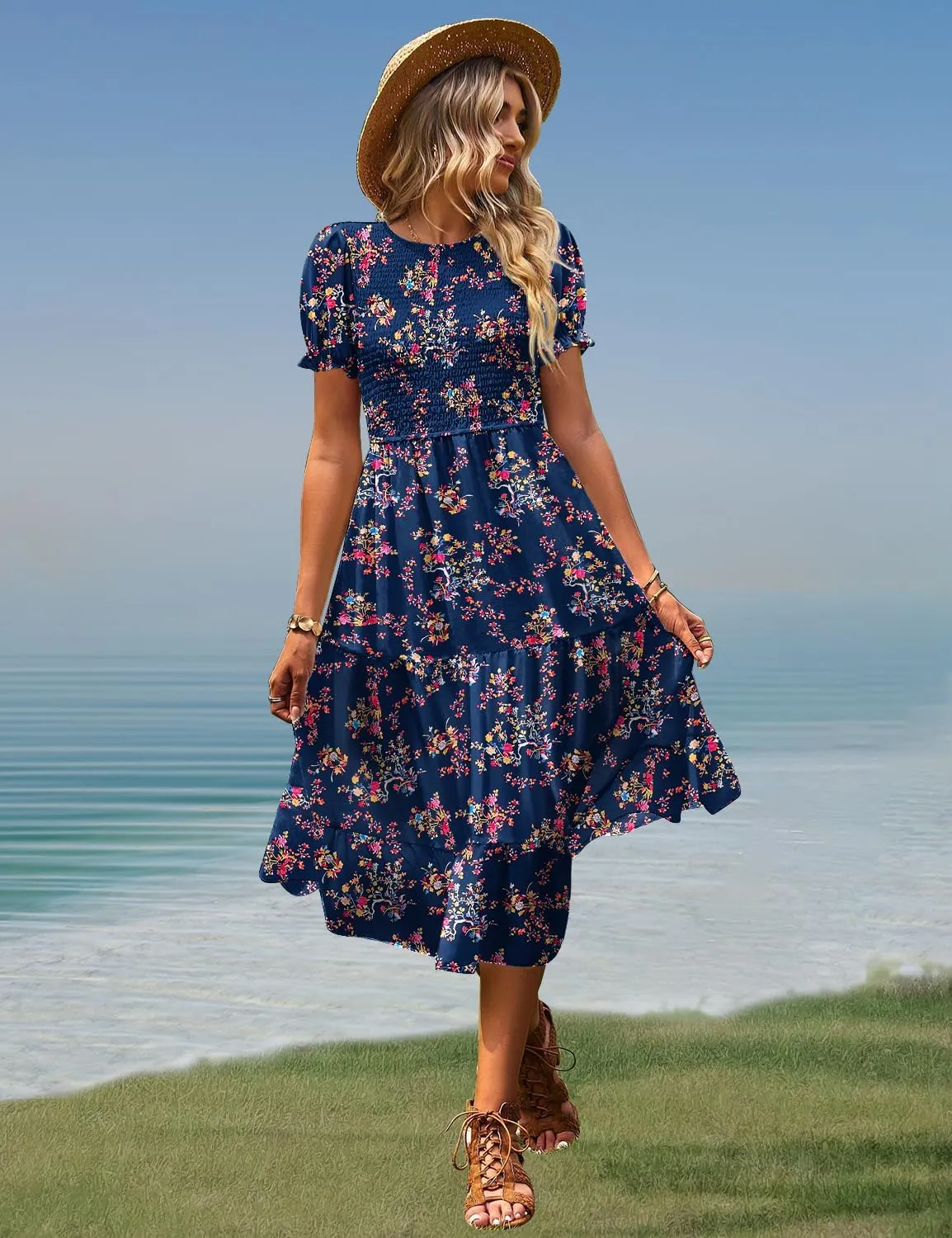 YESNO Women's Summer Causal Puff Short Sleeve Smocked Dress Elastic Waist Tiered Midi Dress with Pockets EP2