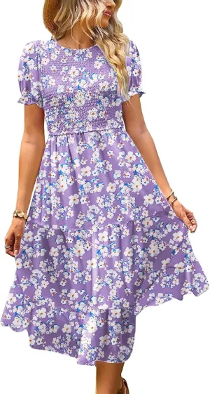 YESNO Women's Summer Causal Puff Short Sleeve Smocked Dress Elastic Waist Tiered Midi Dress with Pockets EP2