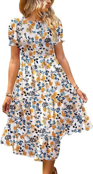 YESNO Women's Summer Causal Puff Short Sleeve Smocked Dress Elastic Waist Tiered Midi Dress with Pockets EP2