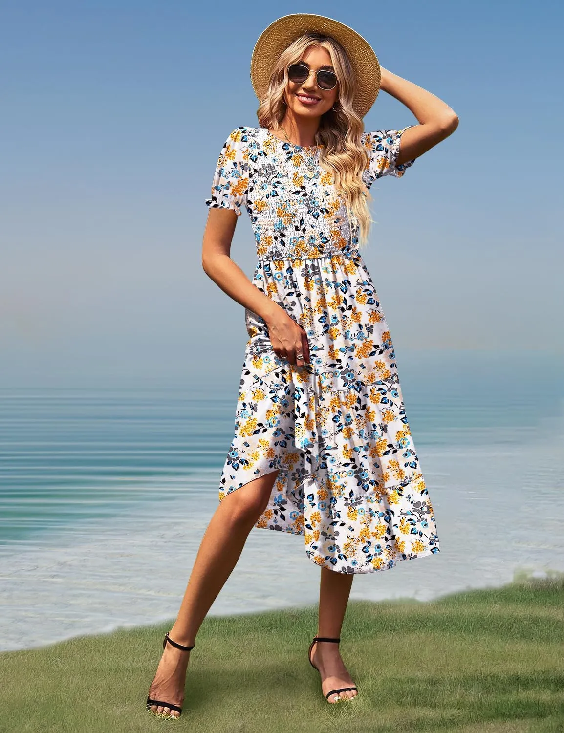 YESNO Women's Summer Causal Puff Short Sleeve Smocked Dress Elastic Waist Tiered Midi Dress with Pockets EP2