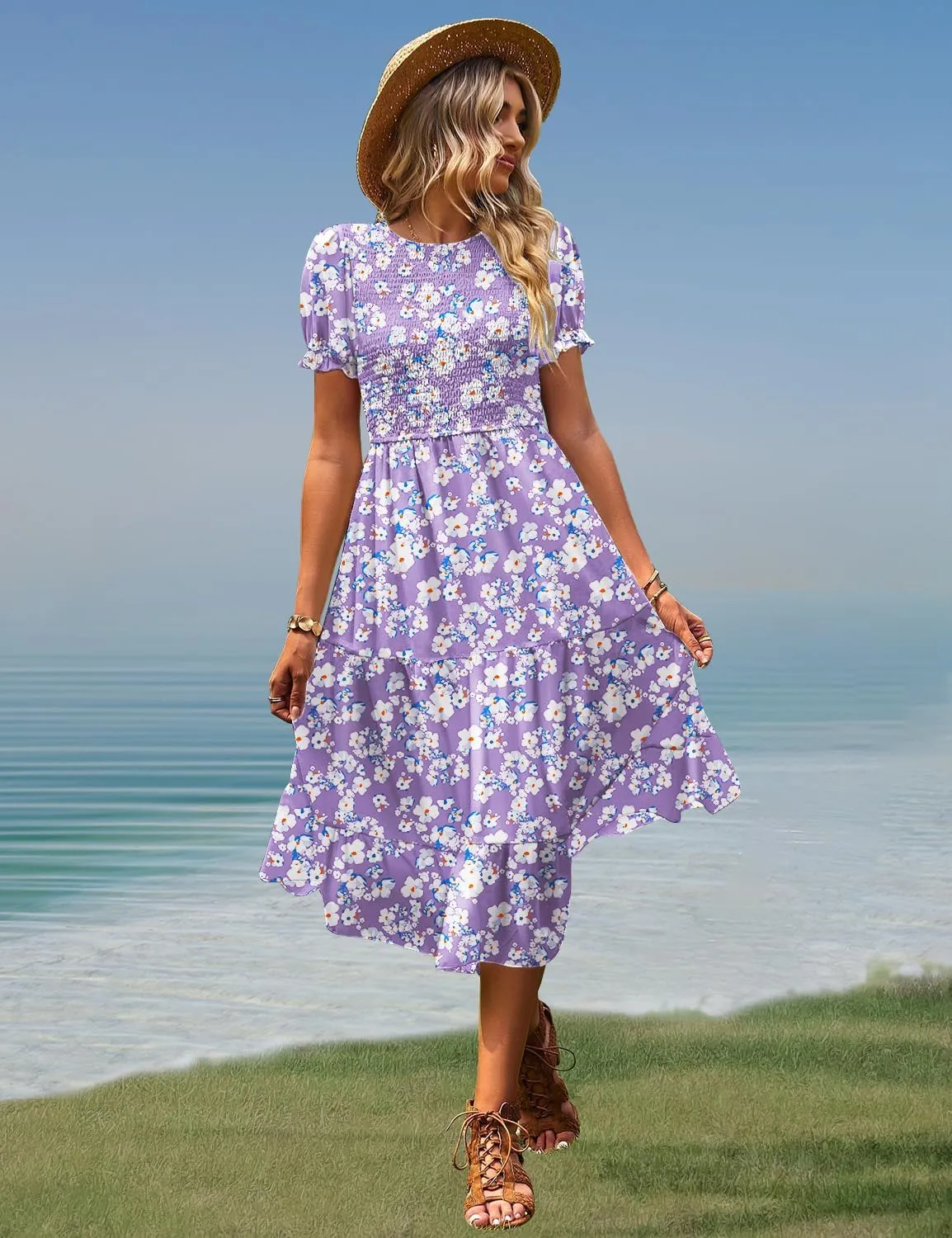 YESNO Women's Summer Causal Puff Short Sleeve Smocked Dress Elastic Waist Tiered Midi Dress with Pockets EP2