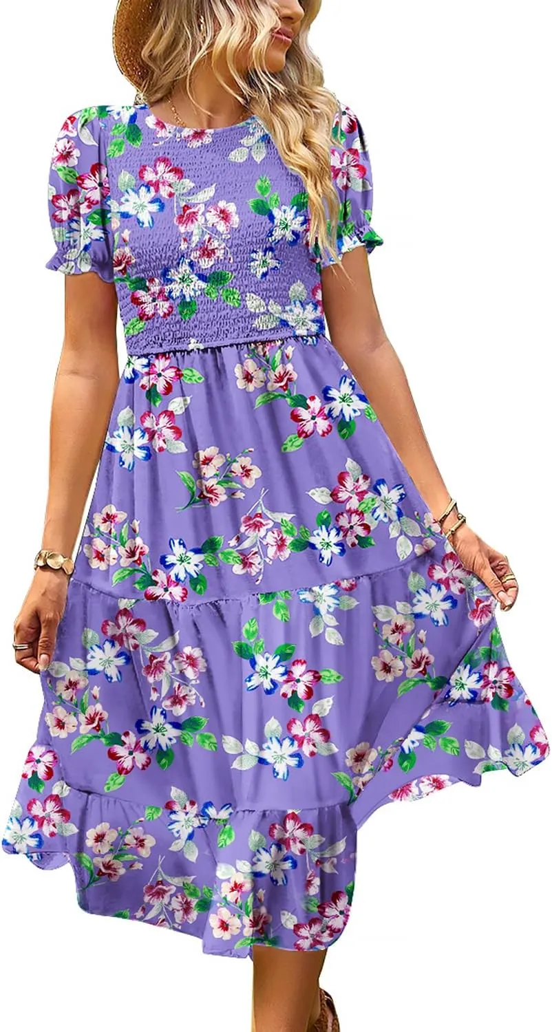 YESNO Women's Summer Causal Puff Short Sleeve Smocked Dress Elastic Waist Tiered Midi Dress with Pockets EP2