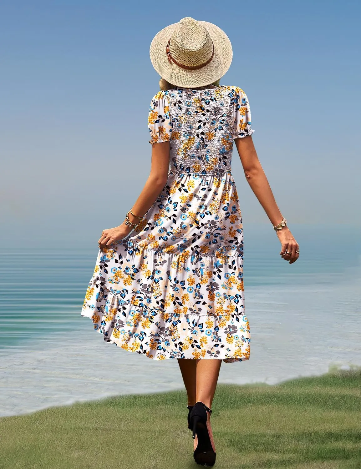 YESNO Women's Summer Causal Puff Short Sleeve Smocked Dress Elastic Waist Tiered Midi Dress with Pockets EP2