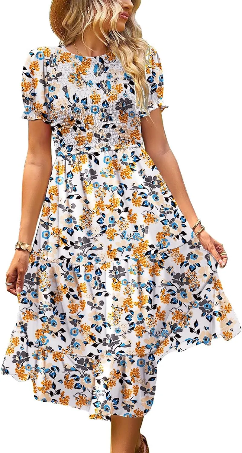 YESNO Women's Summer Causal Puff Short Sleeve Smocked Dress Elastic Waist Tiered Midi Dress with Pockets EP2