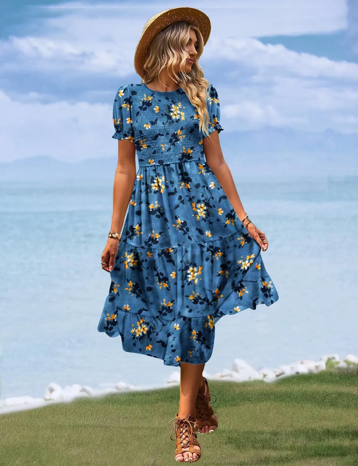 YESNO Women's Summer Causal Puff Short Sleeve Smocked Dress Elastic Waist Tiered Midi Dress with Pockets EP2