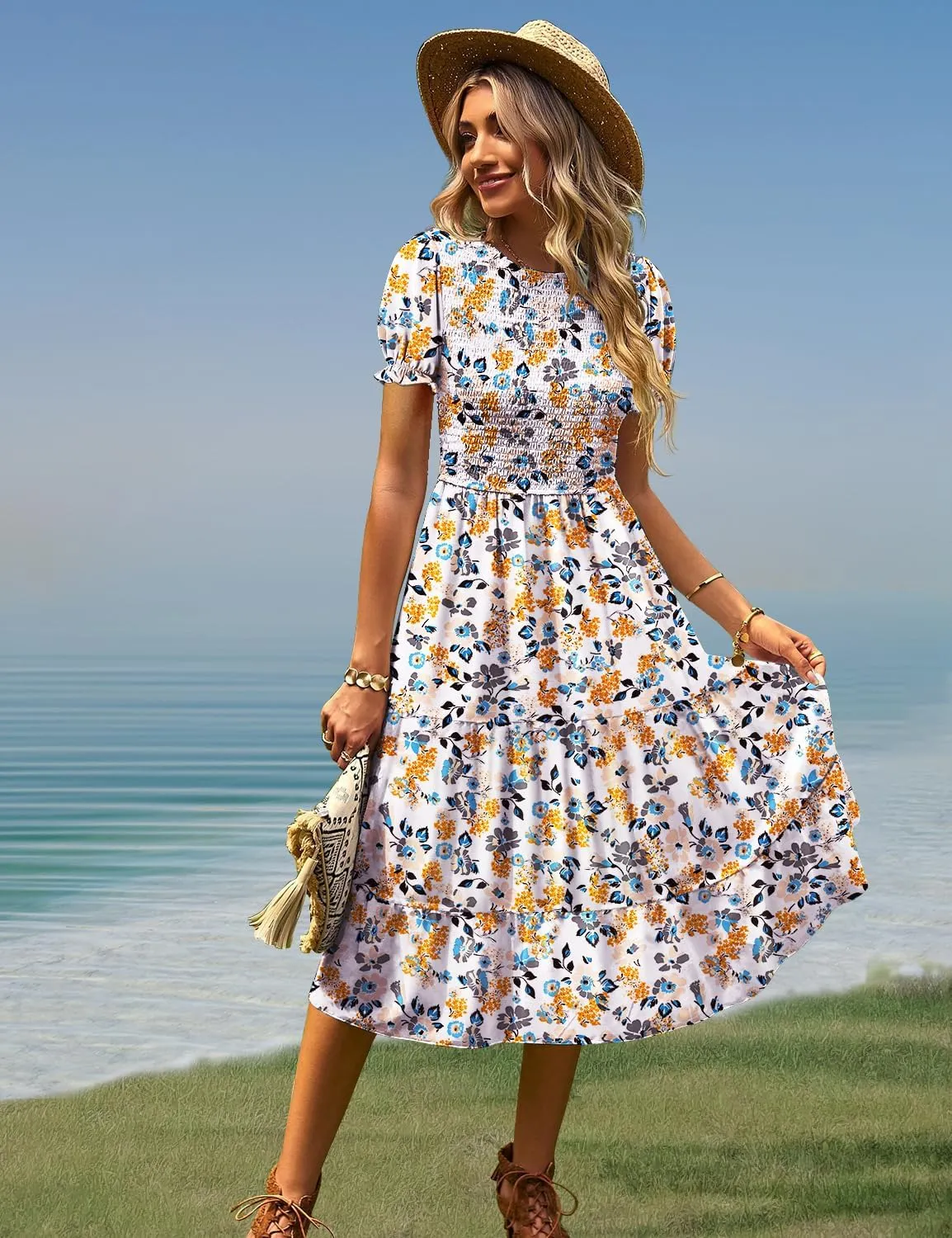 YESNO Women's Summer Causal Puff Short Sleeve Smocked Dress Elastic Waist Tiered Midi Dress with Pockets EP2