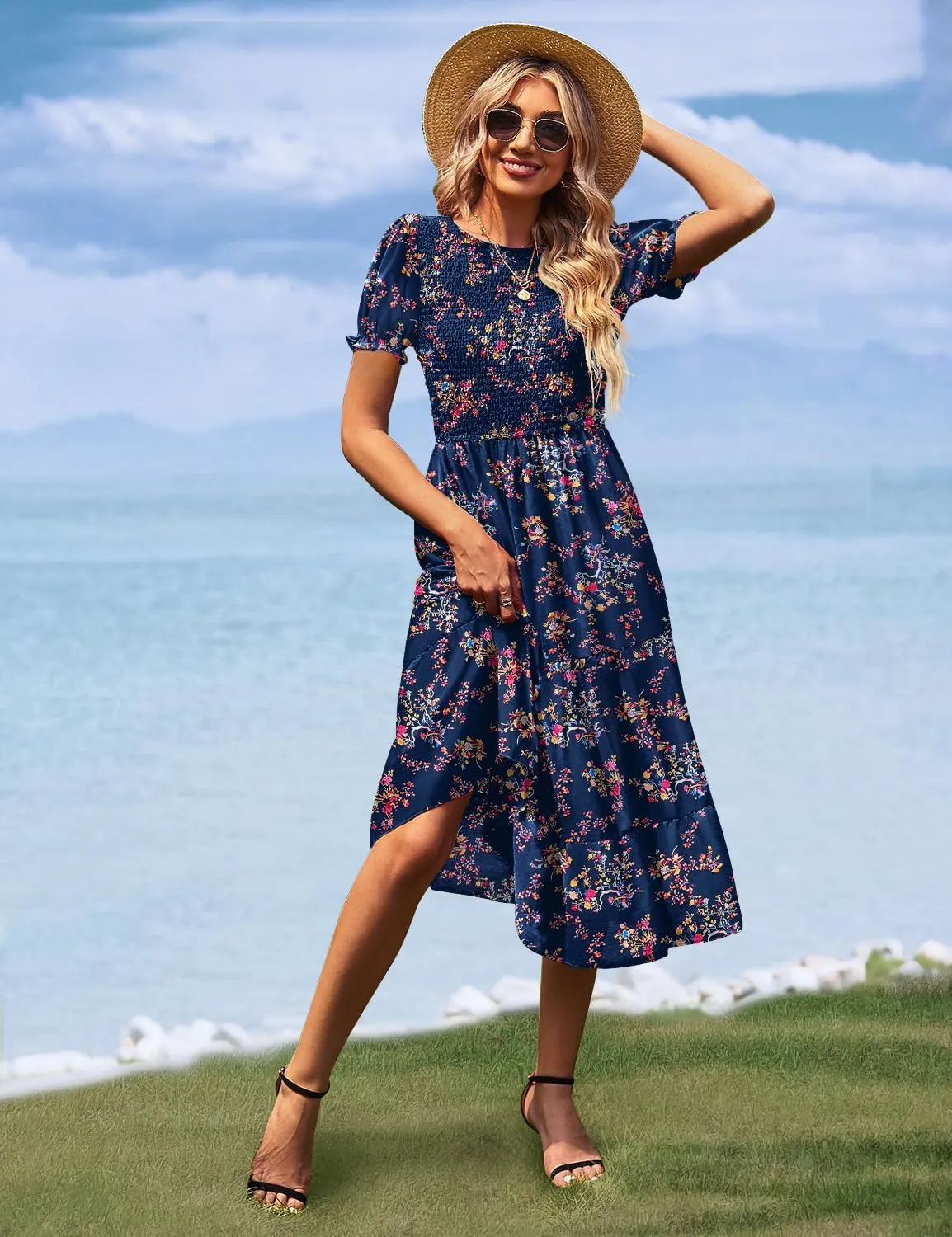 YESNO Women's Summer Causal Puff Short Sleeve Smocked Dress Elastic Waist Tiered Midi Dress with Pockets EP2
