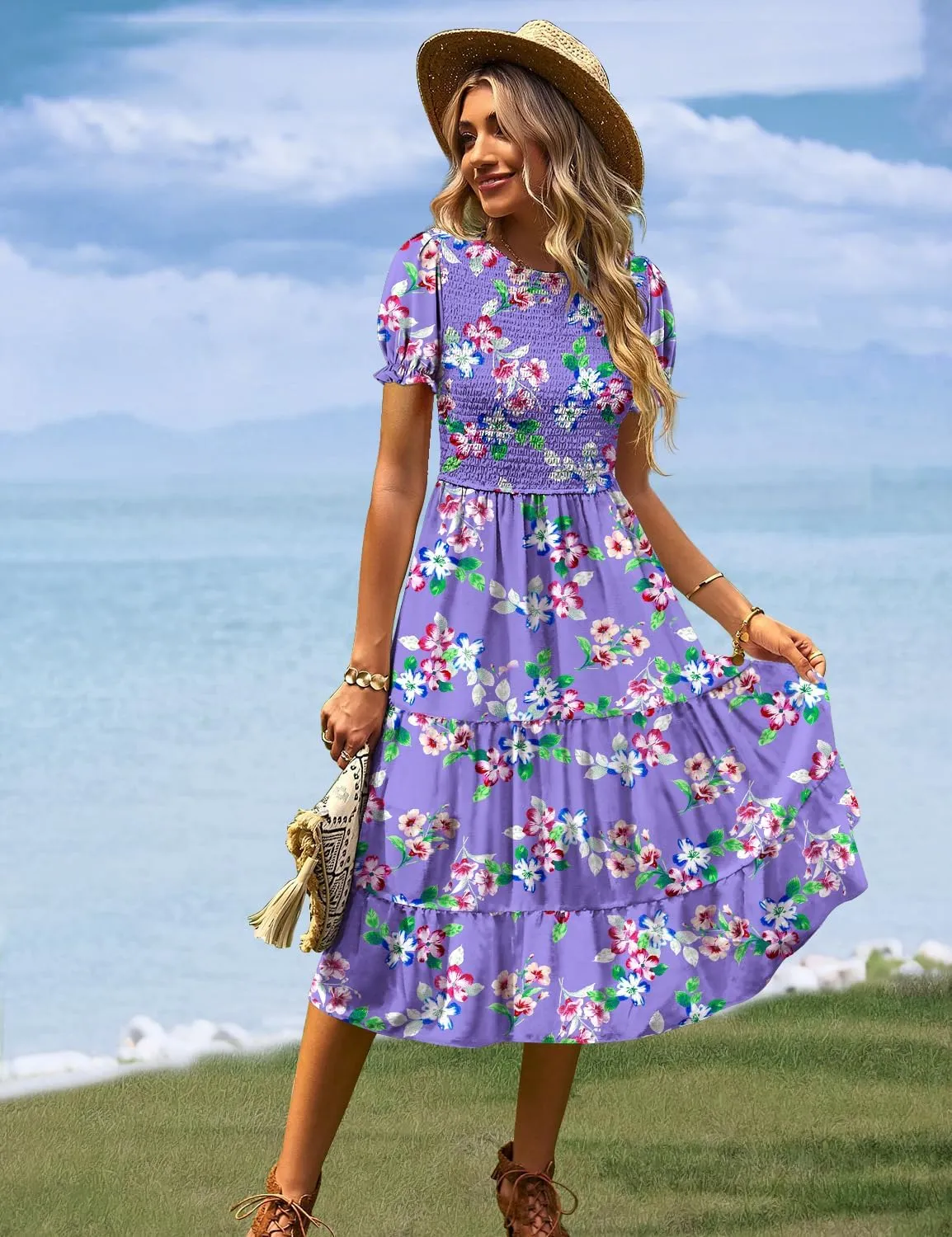 YESNO Women's Summer Causal Puff Short Sleeve Smocked Dress Elastic Waist Tiered Midi Dress with Pockets EP2