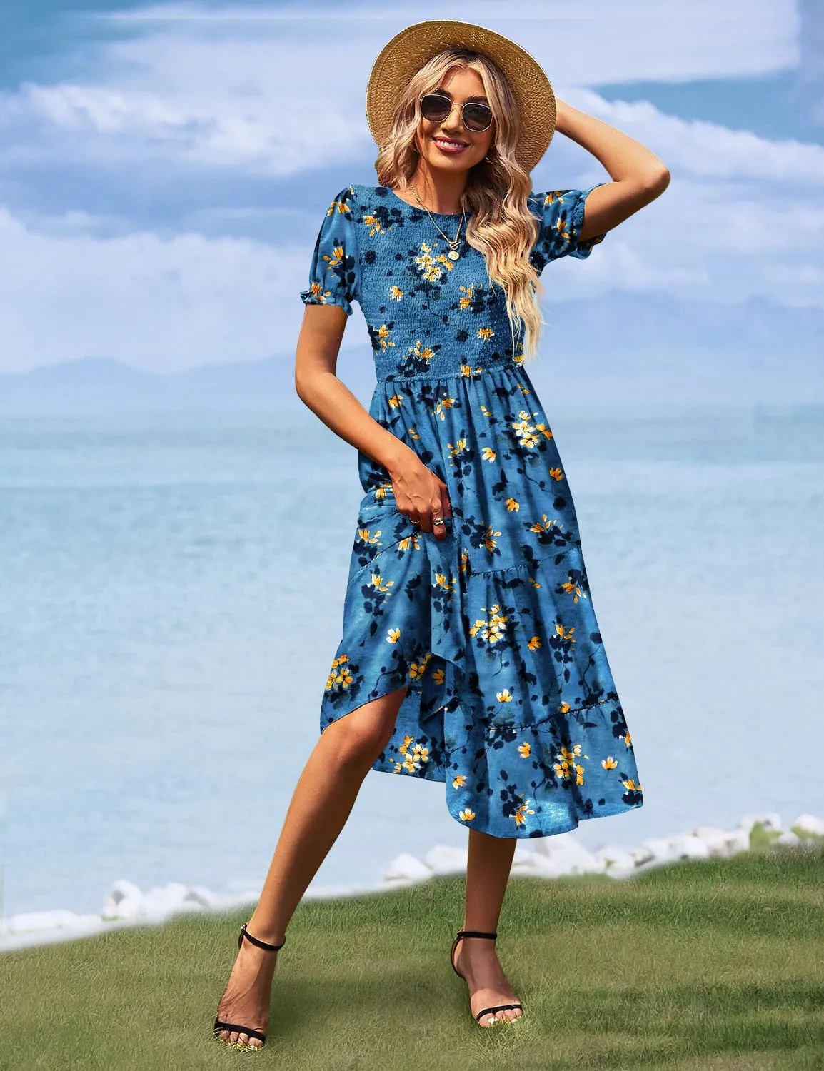 YESNO Women's Summer Causal Puff Short Sleeve Smocked Dress Elastic Waist Tiered Midi Dress with Pockets EP2
