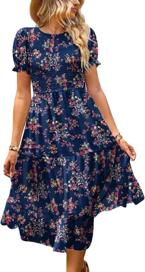 YESNO Women's Summer Causal Puff Short Sleeve Smocked Dress Elastic Waist Tiered Midi Dress with Pockets EP2