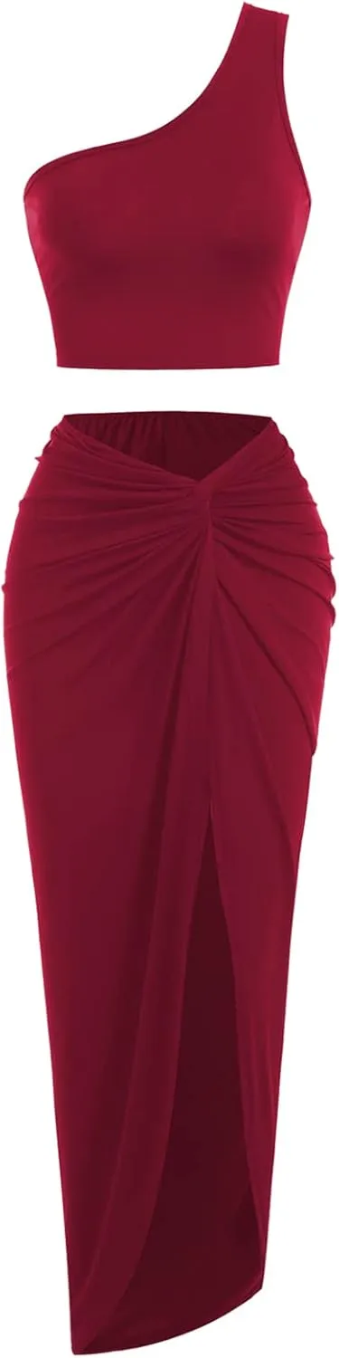 ZAFUL Women's Casual One Shoulder Summer Two Piece Outfits Crop Top and Draped Ruched Maxi Skirt Set Solid Twisted Suiting (M-Deep Red, L)