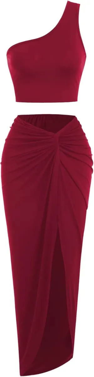 ZAFUL Women's Casual One Shoulder Summer Two Piece Outfits Crop Top and Draped Ruched Maxi Skirt Set Solid Twisted Suiting (M-Deep Red, L)