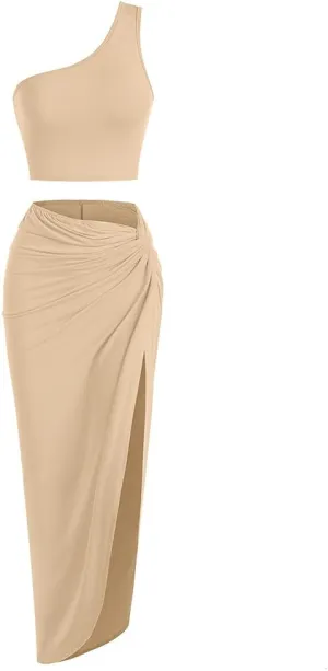 ZAFUL Women's One Shoulder Two Piece Tank Dress Rib-Knit Twist Split Side Slinky Solid Crop Top and Draped Ruched Maxi Skirt Set (M-Coffee, L)