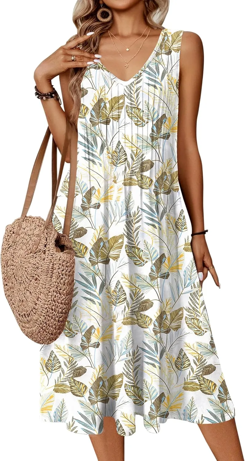 Zeagoo Women Summer Casual Dress 2025 Sleeveless Midi Swing Tank Sundress with Pockets V Neck A Line Pleated Tshirt Dress
