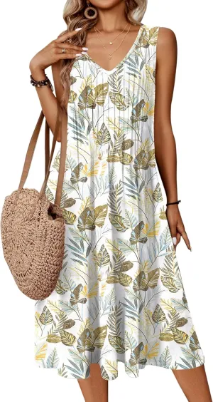 Zeagoo Women Summer Casual Dress 2025 Sleeveless Midi Swing Tank Sundress with Pockets V Neck A Line Pleated Tshirt Dress