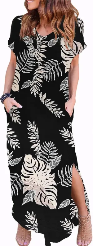 Zilcremo Women Summer Casual Maxi Dress Loose Pockets Short Sleeve Split Boho Dresses Apricot