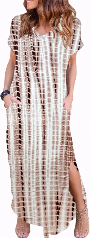Zilcremo Women Summer Casual Maxi Dress Loose Pockets Short Sleeve Split Boho Dresses Apricot