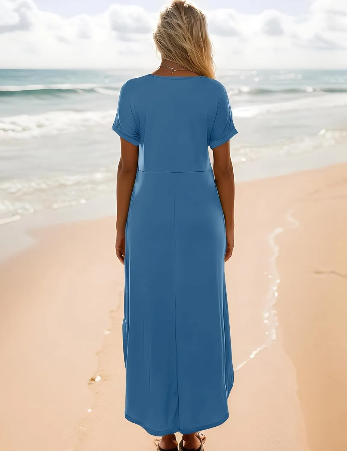 Zilcremo Women Summer Casual Maxi Dress Loose Pockets Short Sleeve Split Boho Dresses Apricot