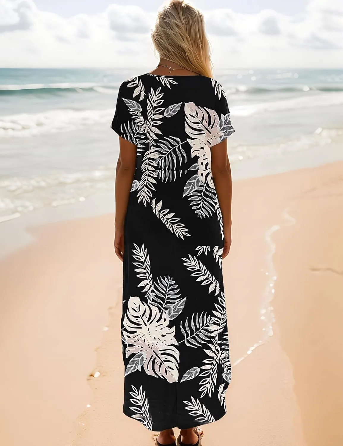 Zilcremo Women Summer Casual Maxi Dress Loose Pockets Short Sleeve Split Boho Dresses Apricot