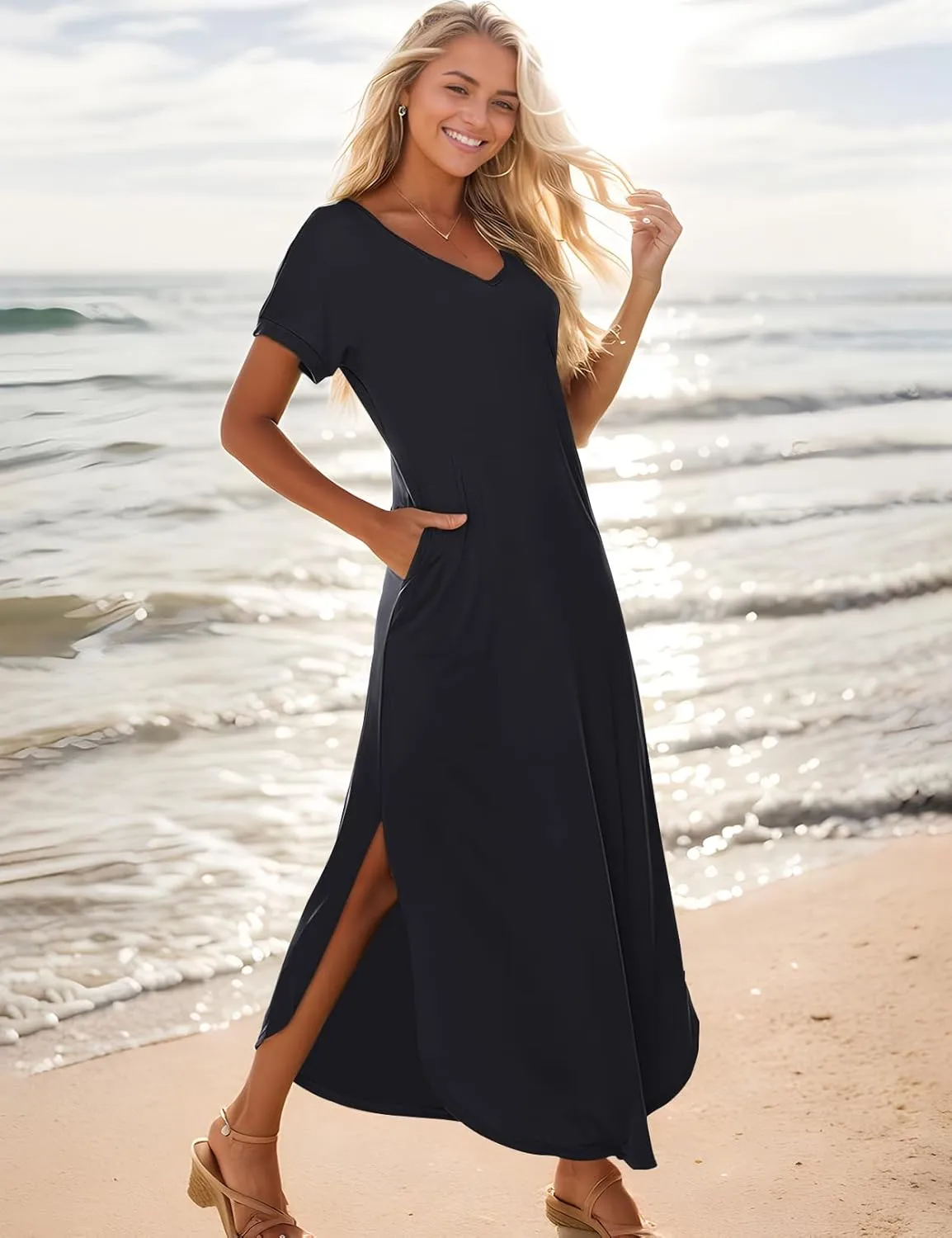 Zilcremo Women Summer Casual Maxi Dress Loose Pockets Short Sleeve Split Boho Dresses Apricot