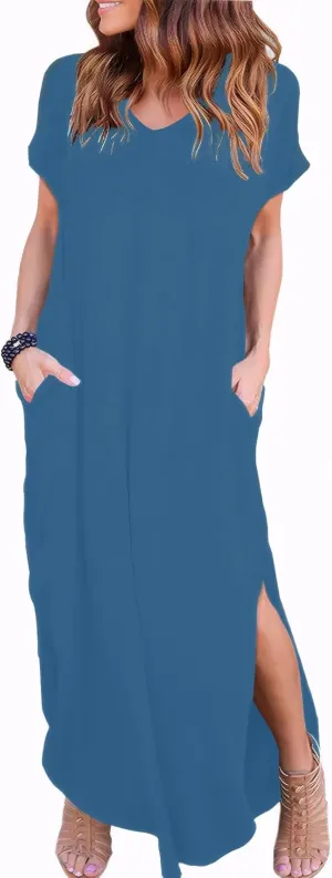 Zilcremo Women Summer Casual Maxi Dress Loose Pockets Short Sleeve Split Boho Dresses Apricot