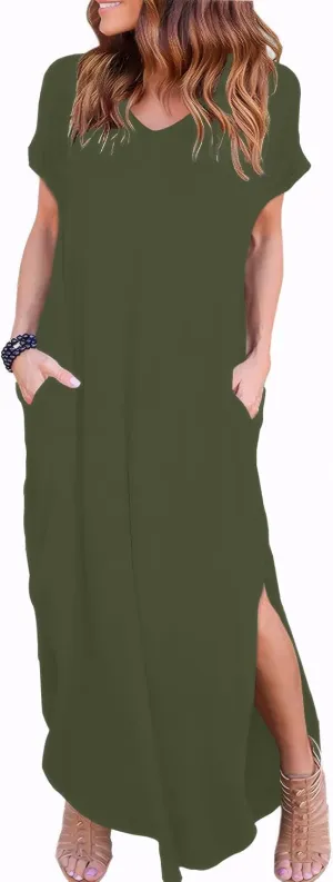 Zilcremo Women Summer Casual Maxi Dress Loose Pockets Short Sleeve Split Boho Dresses Apricot
