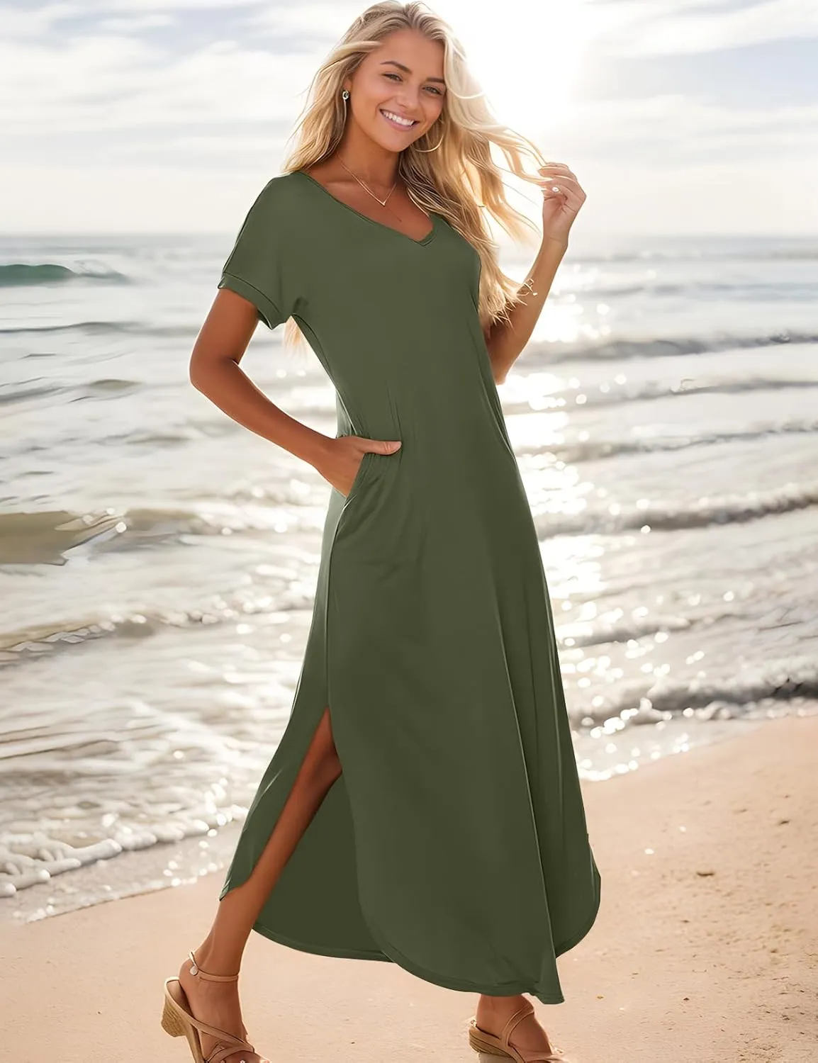 Zilcremo Women Summer Casual Maxi Dress Loose Pockets Short Sleeve Split Boho Dresses Apricot