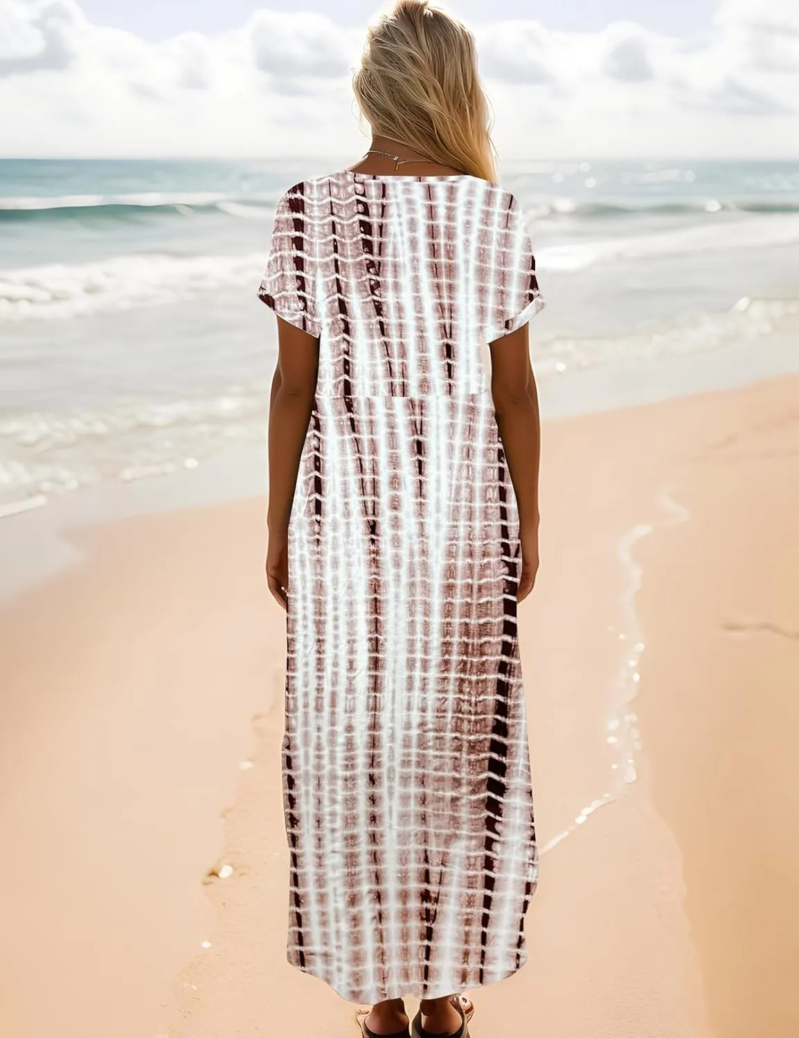 Zilcremo Women Summer Casual Maxi Dress Loose Pockets Short Sleeve Split Boho Dresses Apricot