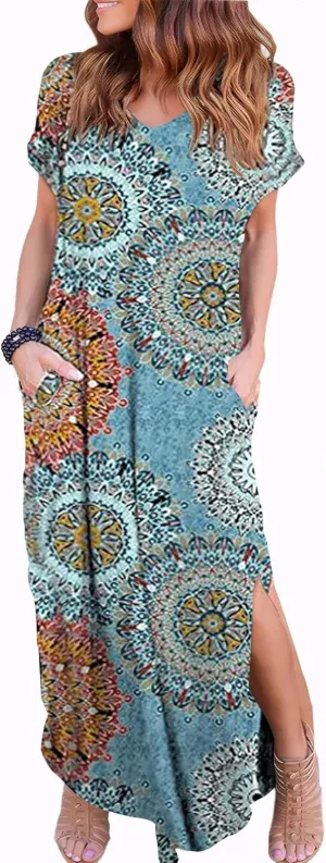 Zilcremo Women Summer Casual Maxi Dress Loose Pockets Short Sleeve Split Boho Dresses Apricot