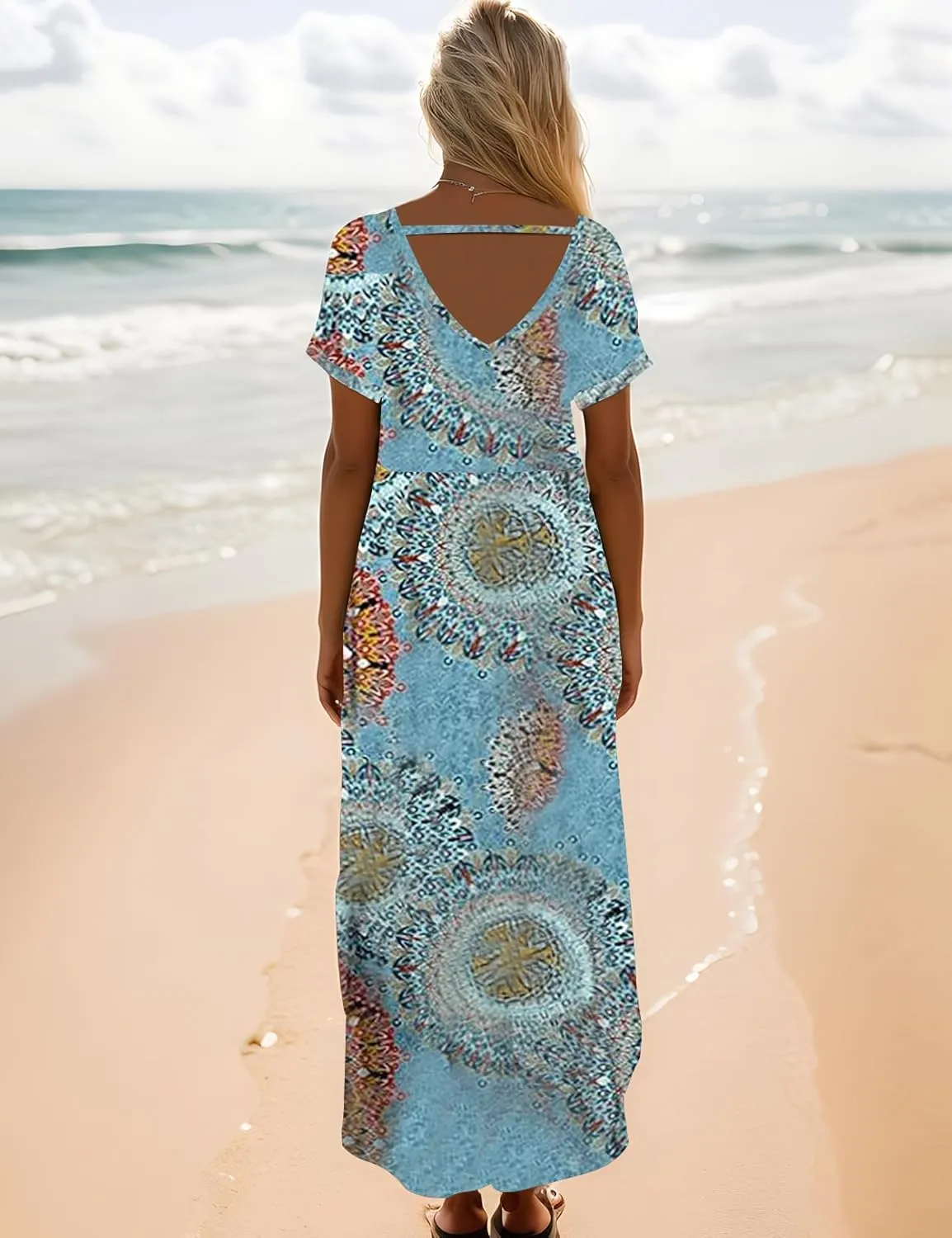 Zilcremo Women Summer Casual Maxi Dress Loose Pockets Short Sleeve Split Boho Dresses Apricot