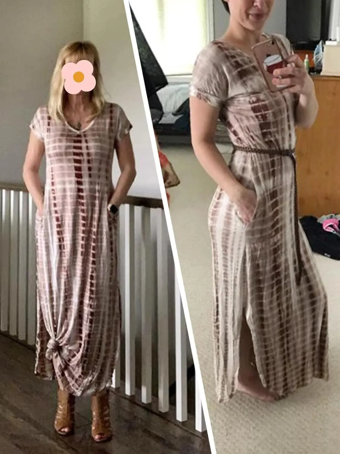 Zilcremo Women Summer Casual Maxi Dress Loose Pockets Short Sleeve Split Boho Dresses Apricot