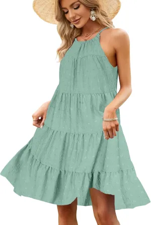 Zilcremo Women's Summer Sleeveless Halter Mini Dress Ruffle Tiered Flowy Swing Beach Dresses Sundress