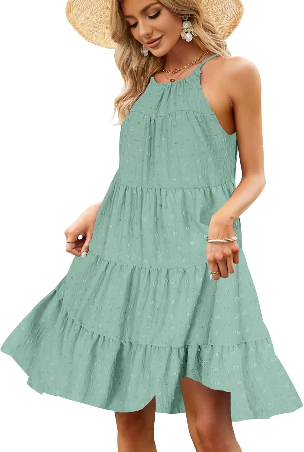 Zilcremo Women's Summer Sleeveless Halter Mini Dress Ruffle Tiered Flowy Swing Beach Dresses Sundress