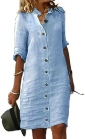 ZOCAVIA Cotton Linen Shirt Dress for Women Fashion Button Down Half Sleeve V Neck Beach Casual Loose Fit Solid Midi Dresses