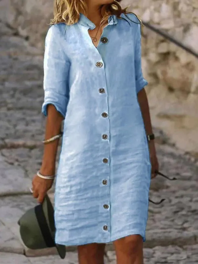 ZOCAVIA Cotton Linen Shirt Dress for Women Fashion Button Down Half Sleeve V Neck Beach Casual Loose Fit Solid Midi Dresses