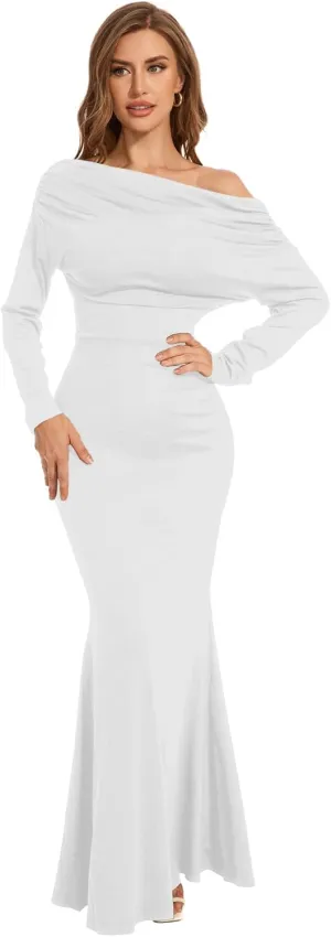 ZonJie Women's Evening Gowns Formal Elegant Long Sleeve Off Shoulder Party Dress Sexy Bodycon Wedding Guest Dresses