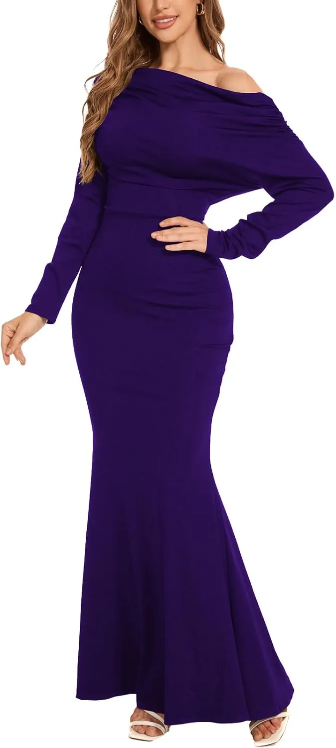 ZonJie Women's Evening Gowns Formal Elegant Long Sleeve Off Shoulder Party Dress Sexy Bodycon Wedding Guest Dresses