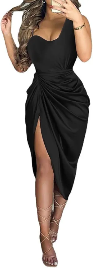 ZWRXW Formal Dresses for Women Sexy One Shoulder Ruched Bodycon Dress Sleeveless Wrap Party Cocktail Midi Dresses with Slit