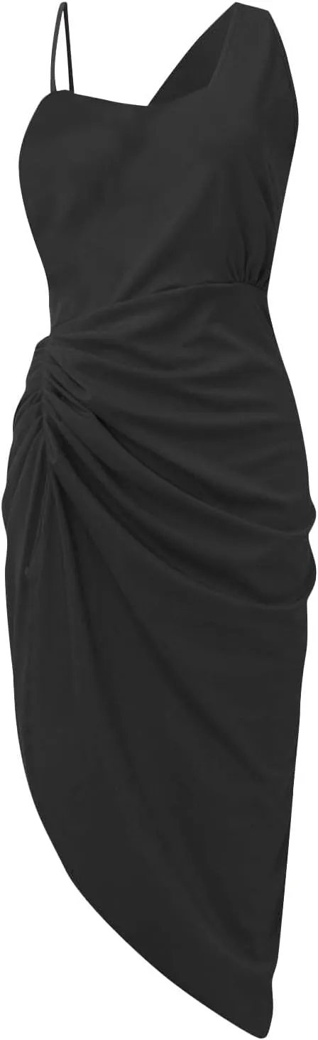 ZWRXW Formal Dresses for Women Sexy One Shoulder Ruched Bodycon Dress Sleeveless Wrap Party Cocktail Midi Dresses with Slit