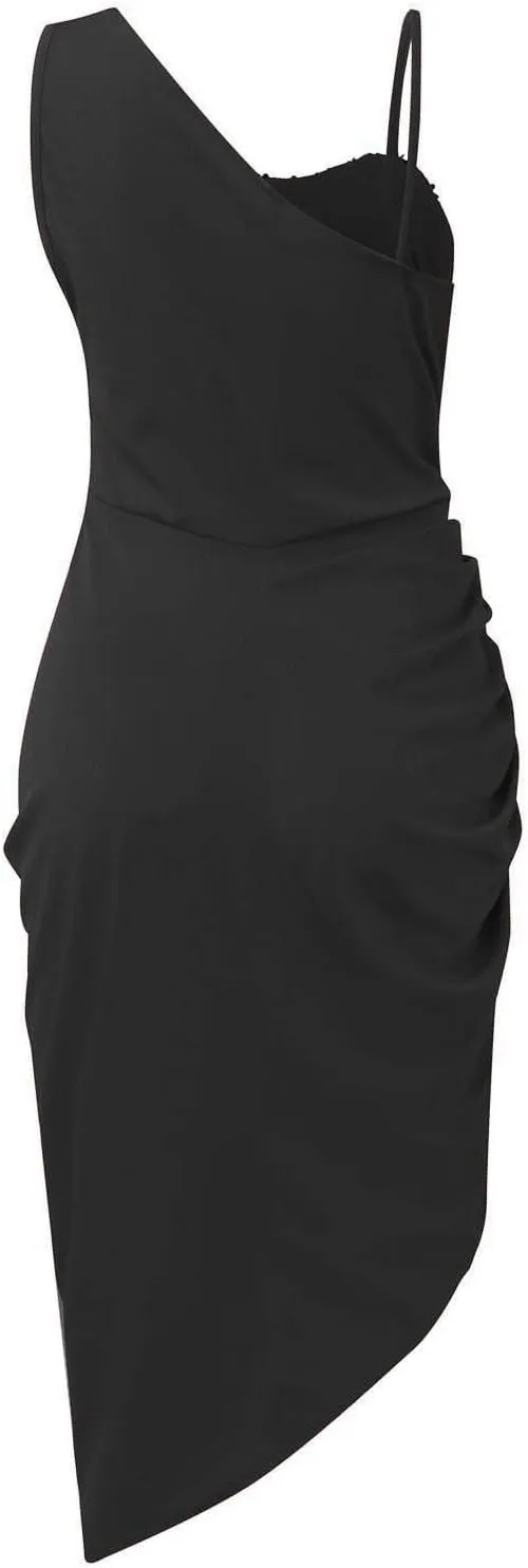 ZWRXW Formal Dresses for Women Sexy One Shoulder Ruched Bodycon Dress Sleeveless Wrap Party Cocktail Midi Dresses with Slit