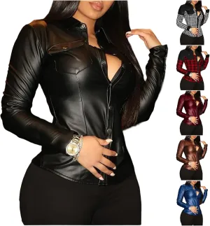 ZWRXW Womens Faux Leather Shits Jackets Sexy Slim Fit Button Long Sleeve with Pocket Pleather Jacket Moto Biker Coat