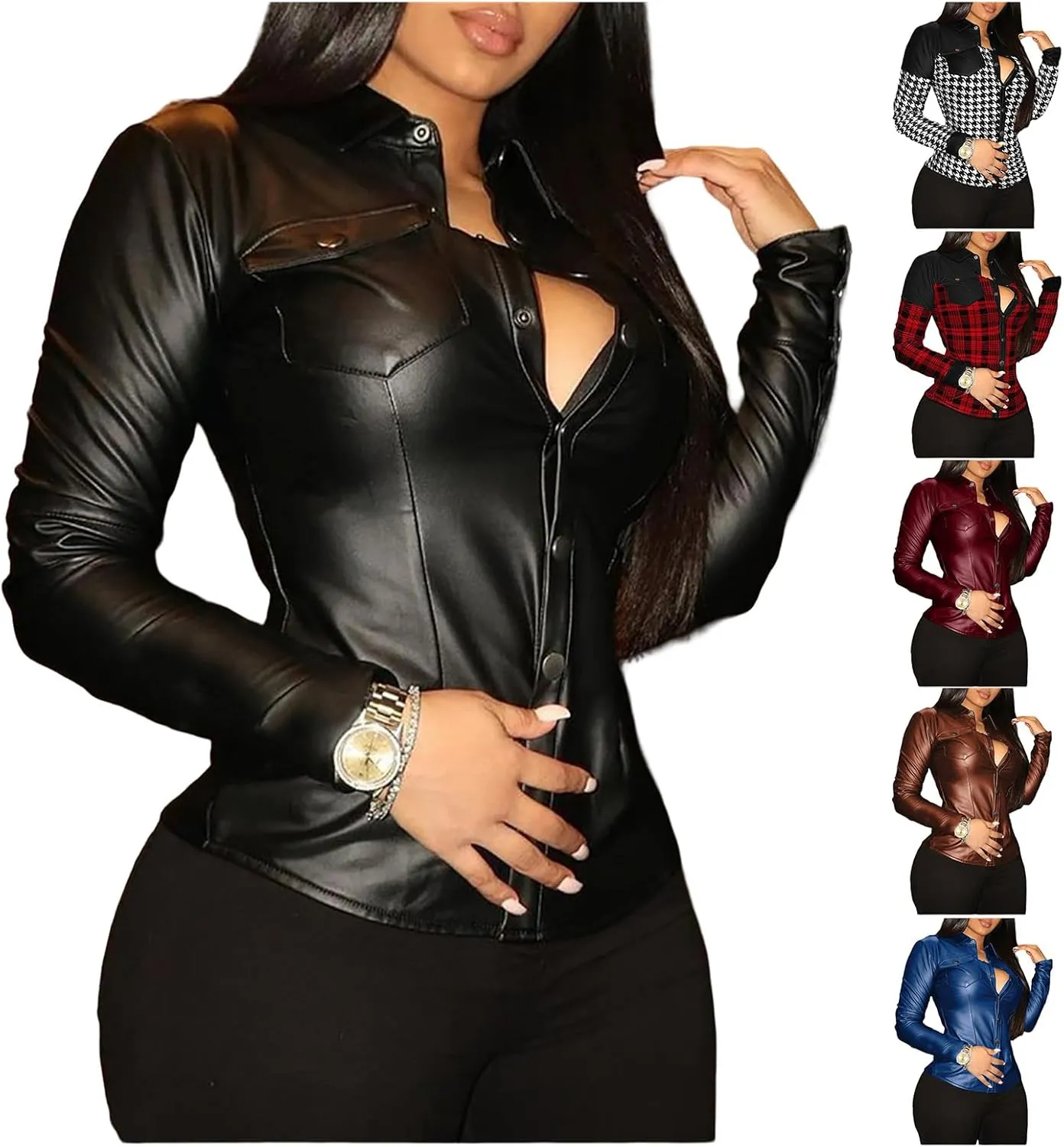 ZWRXW Womens Faux Leather Shits Jackets Sexy Slim Fit Button Long Sleeve with Pocket Pleather Jacket Moto Biker Coat